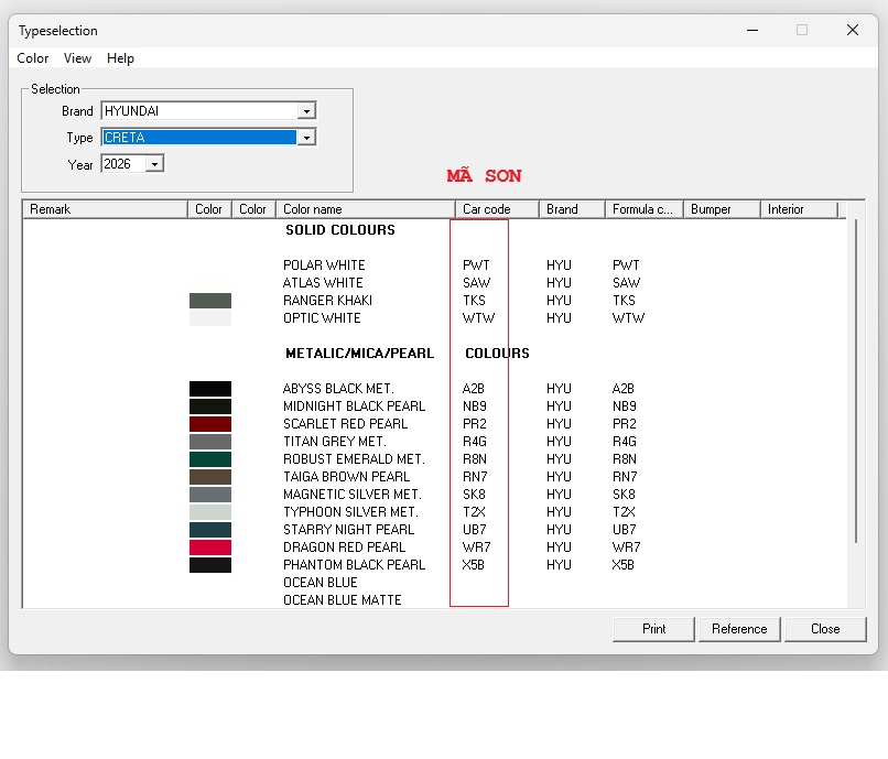 MÃ MÀU HYUNDAI CRETA 2026
