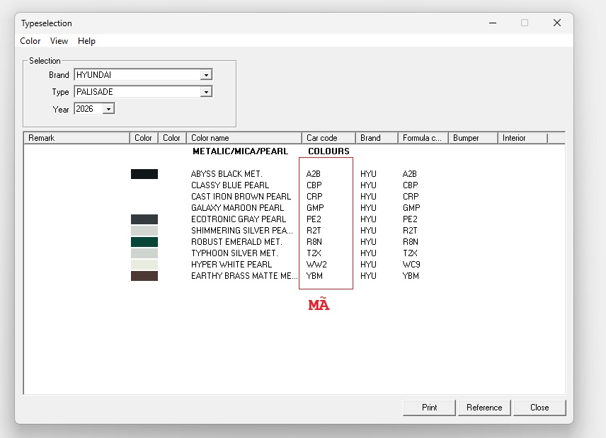 MÃ MÀU HYUNDAI PALISADE