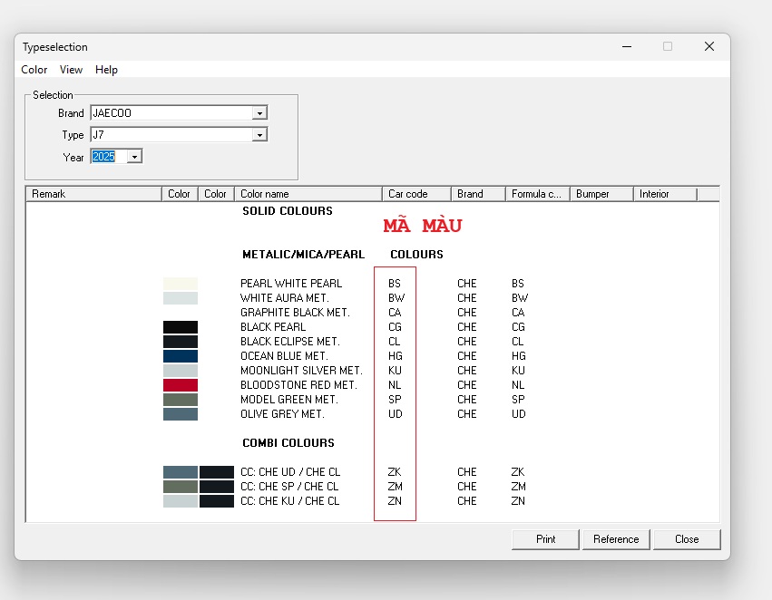 MÃ MÀU XE JAECOO J7 2025 